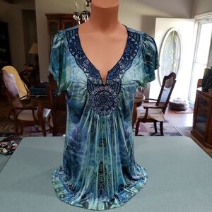Apt. 9 Teal and Navy Women's Top Y2K Sublimation Fairy